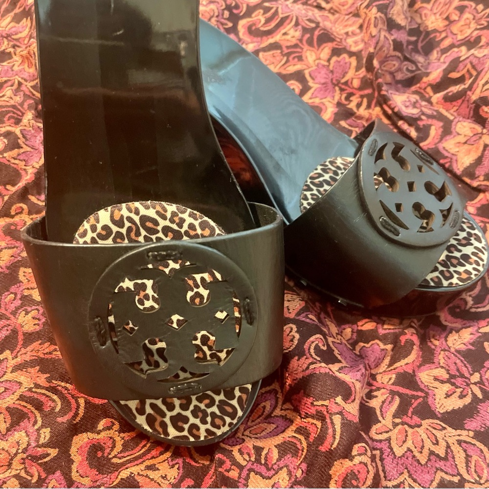 Tory Burch Black wedges mules.